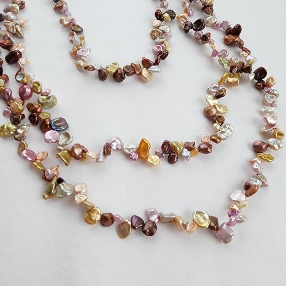 Long Strand Golden green Pink Keshi Pearl Necklace Artisan Genuine 34" Triple - Picture 3 of 11